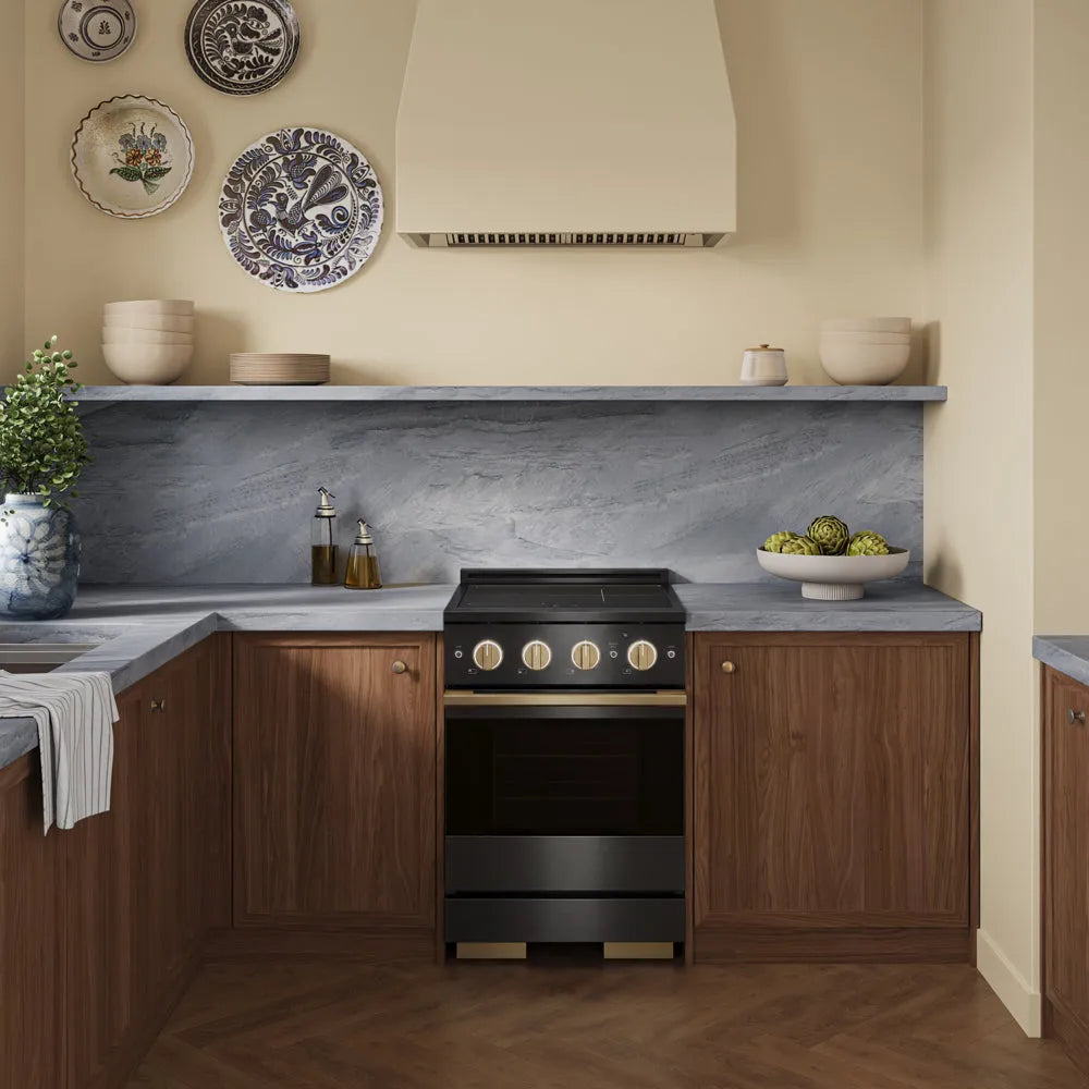 ZLINE Autograph Edition Marino 24-inch range in black stainless steel and champagne bronze accents MINRBZ-24-CB, view 2