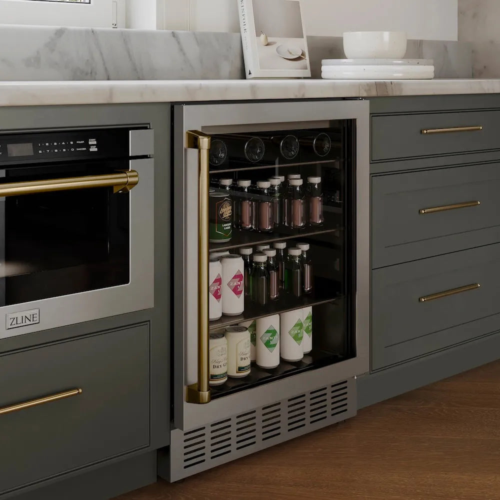 ZLINE Autograph Edition Monument 24-inch beverage fridge in stainless steel and champagne bronze accents RBVZ-US-24-CB, view 2