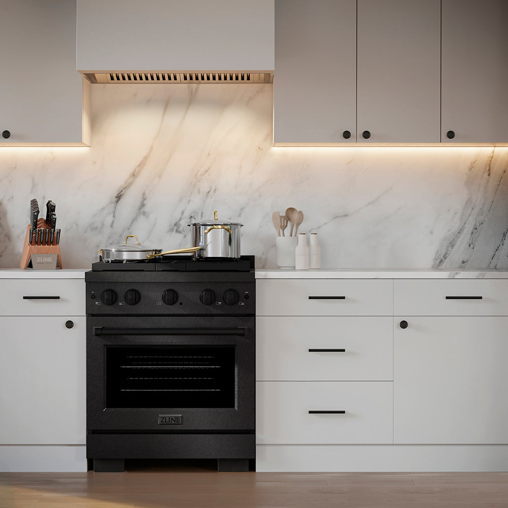 ZLINE Paramount 30-inch range in black satin stainless steel PSGRBS-30, front view