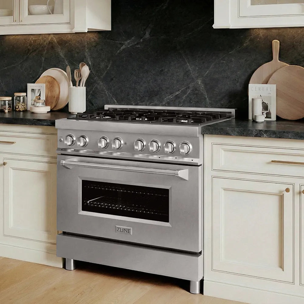ZLINE Legacy 36-inch dual fuel range RA36 installed in a kitchen