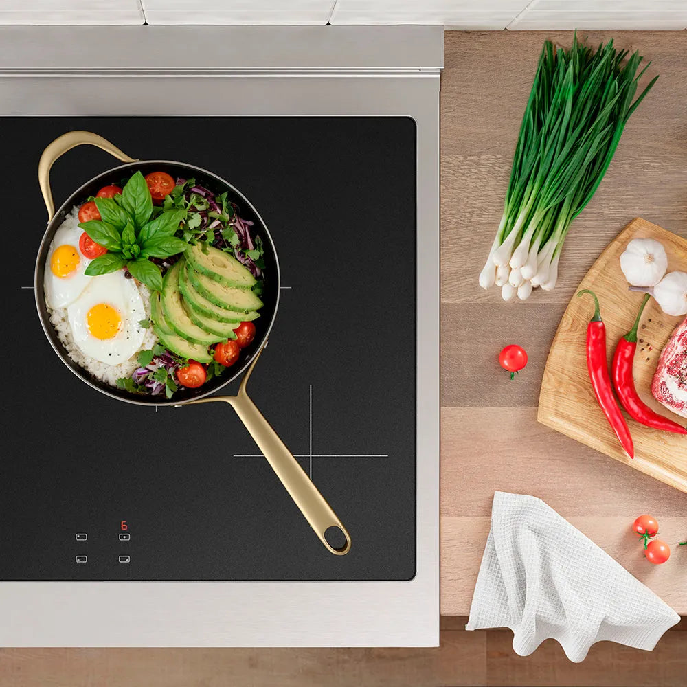 ZLINE Autograph Edition Paramount 30-inch range in stainless steel with white matte door and champagne bronze accents SINRZ-WM-30-CB, from above