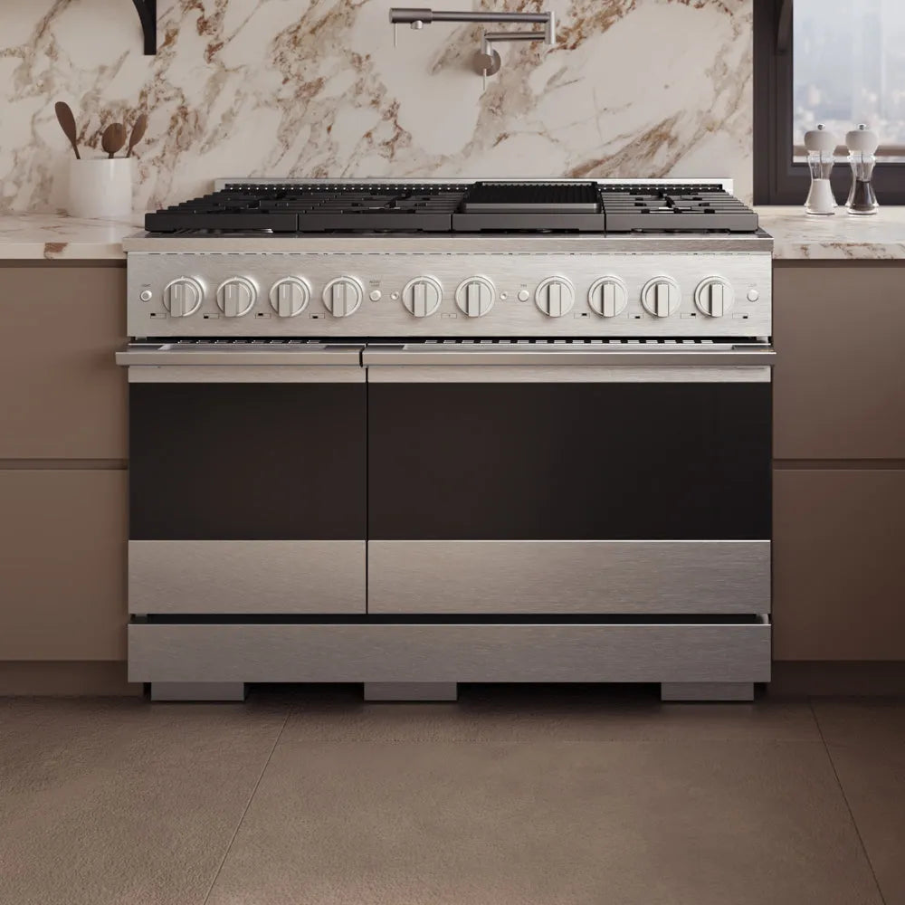 ZLINE Marino 48-inch range in satin stainless steel MGRS-48, front view
