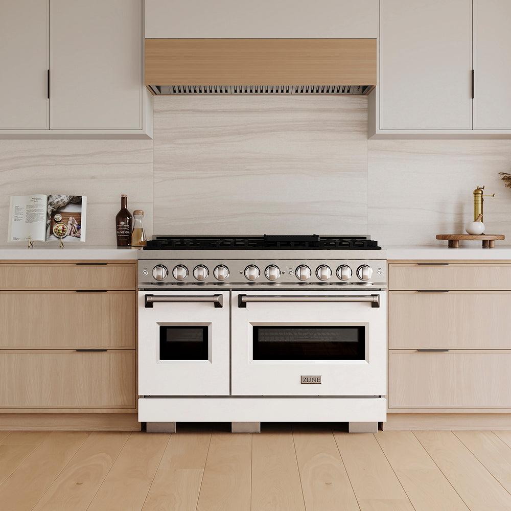 ZLINE Classic 48-inch range in white matte PCDR-WM-48, front view