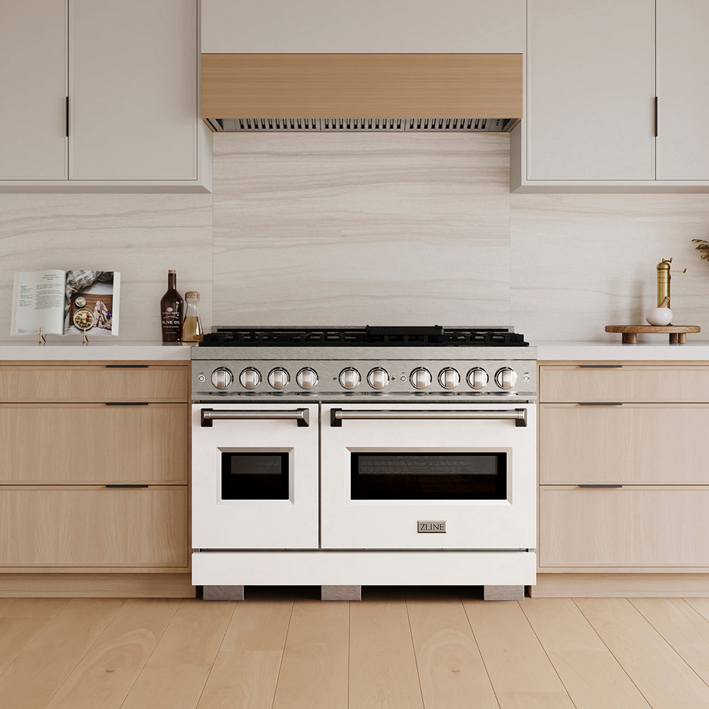 ZLINE Classic 48-inch range in satin stainless steel with white matte door PCDRS-WM-48, front view