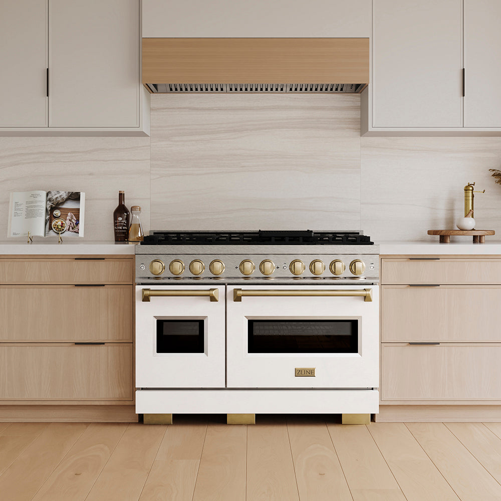 ZLINE Autograph Edition Classic 48-inch range in satin stainless steel with white matte door and champagne bronze accents PCDRSZ-WM-48-CB, front view