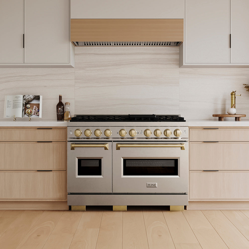 ZLINE Autograph Edition Classic 48-inch range in stainless steel and champagne bronze accents PCGRZ-48-CB, front view
