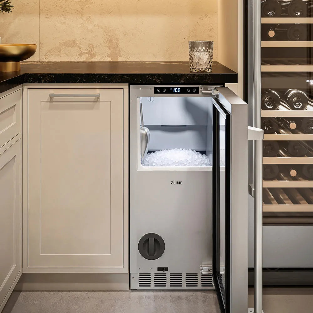 ZLINE Touchstone 15-inch ice maker in stainless steel INGD-ST-15, door open