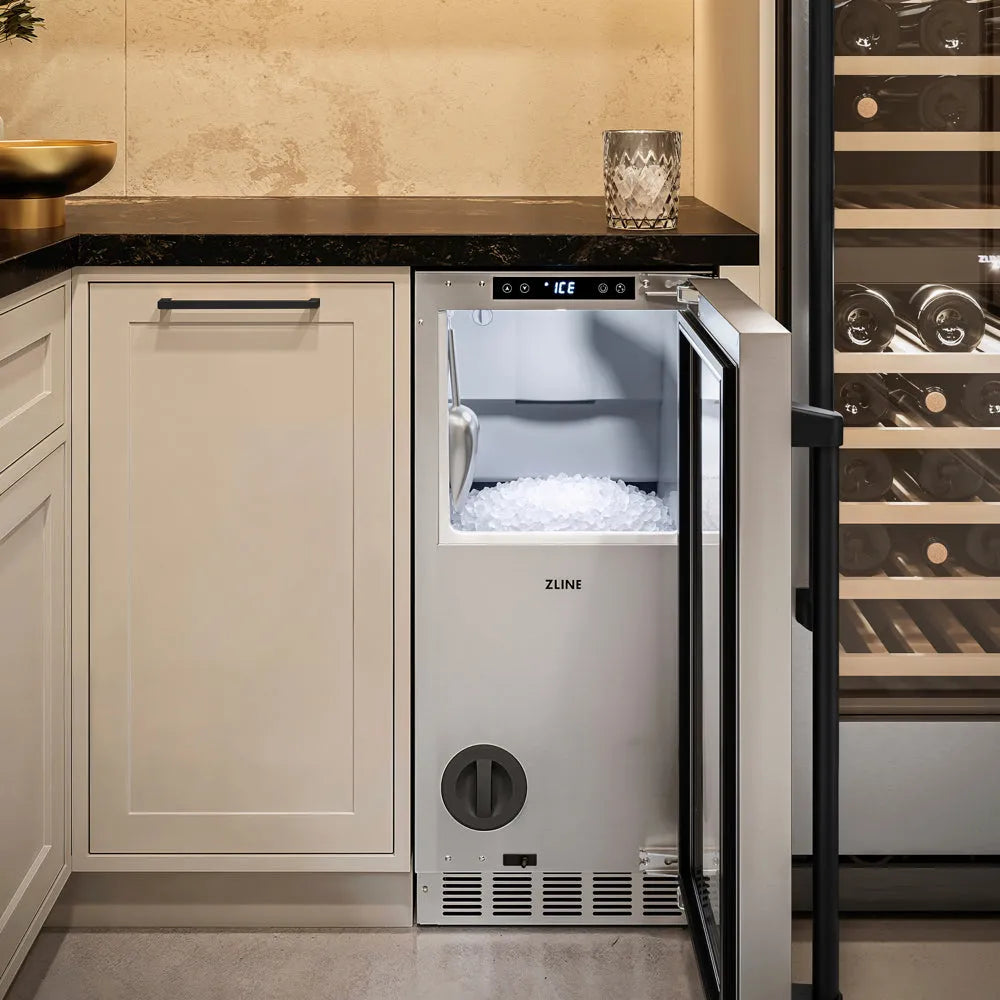ZLINE Autograph Edition Touchstone 15-inch ice maker in stainless steel and matte black accents INGDZ-ST-15-MB, door open