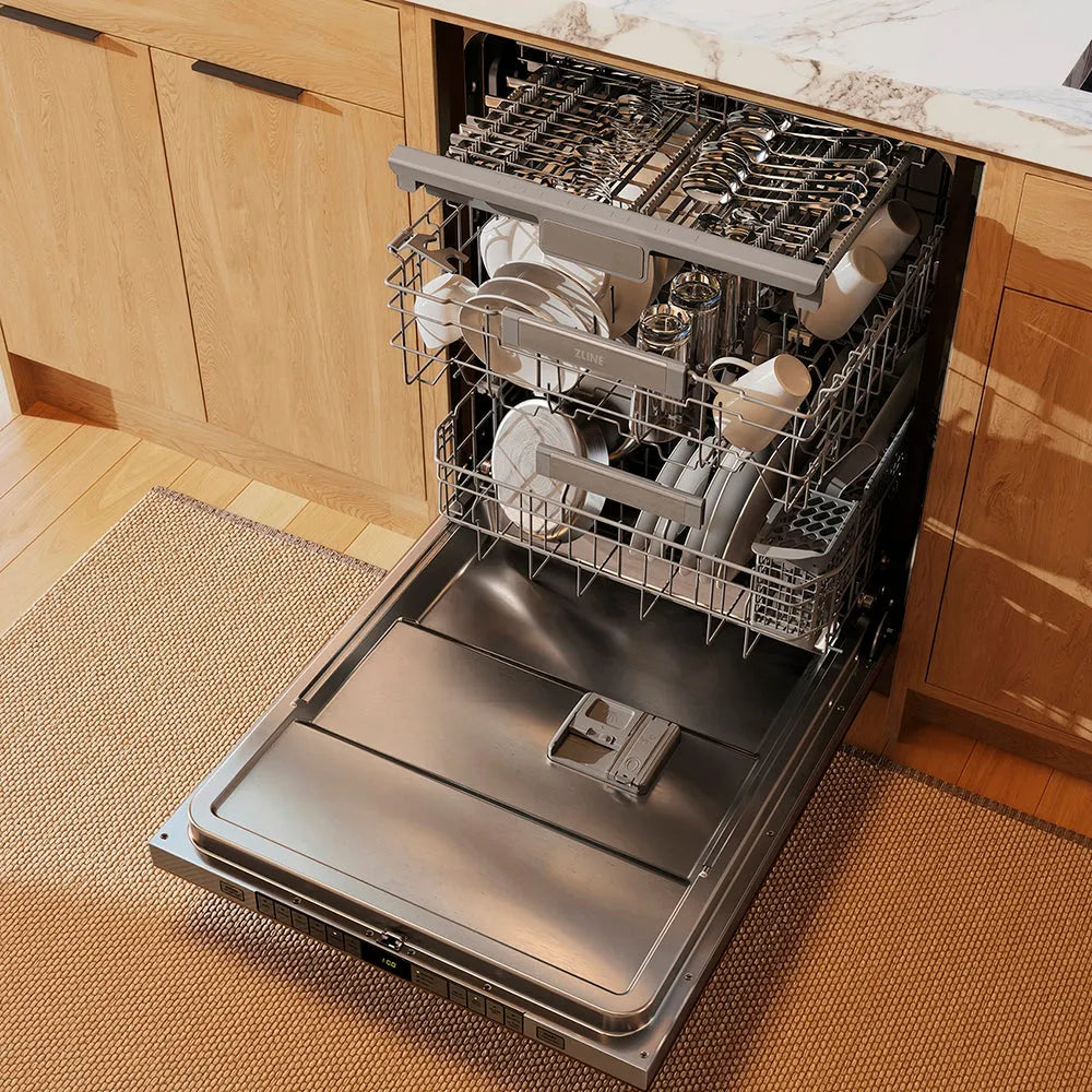 ZLINE Autograph Edition Monument 24-inch dishwasher, panel ready and polished gold accents DWMTZ-24-G, door open