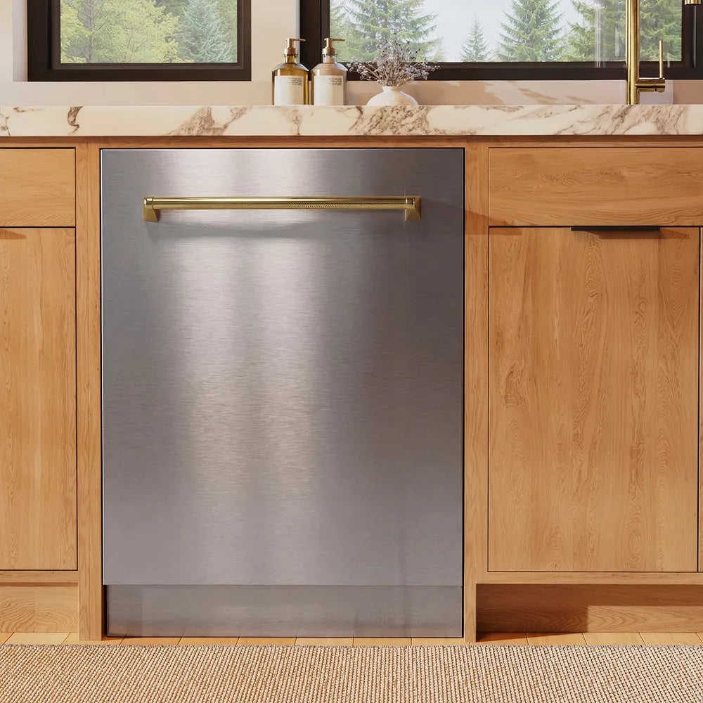 ZLINE Autograph Edition Monument 24-inch dishwasher in stainless steel and polished gold accents DWMTZ-304-24-G, front view