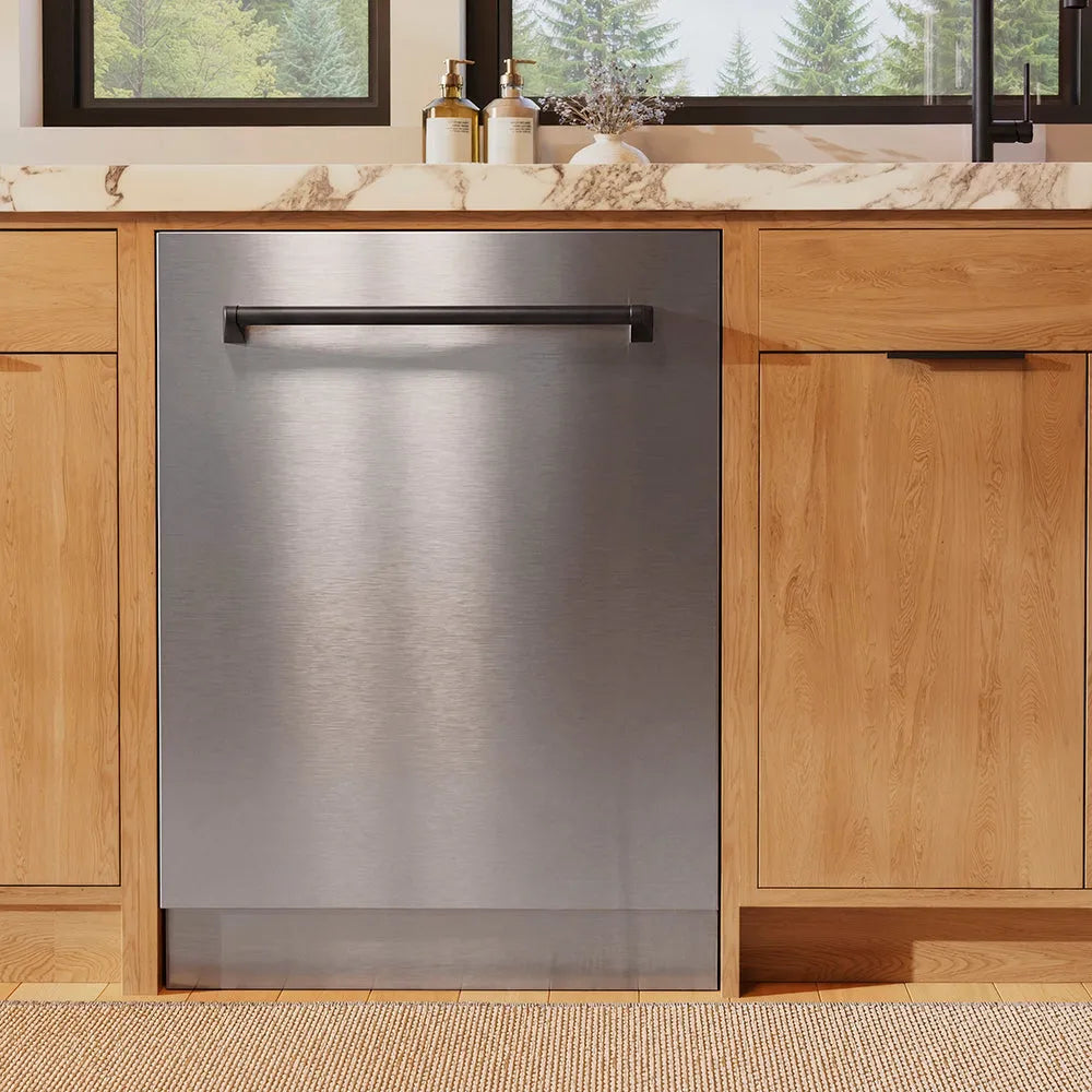 ZLINE Autograph Edition Monument 24-inch dishwasher in stainless steel and matte black accents DWMTZ-304-24-MB, front view