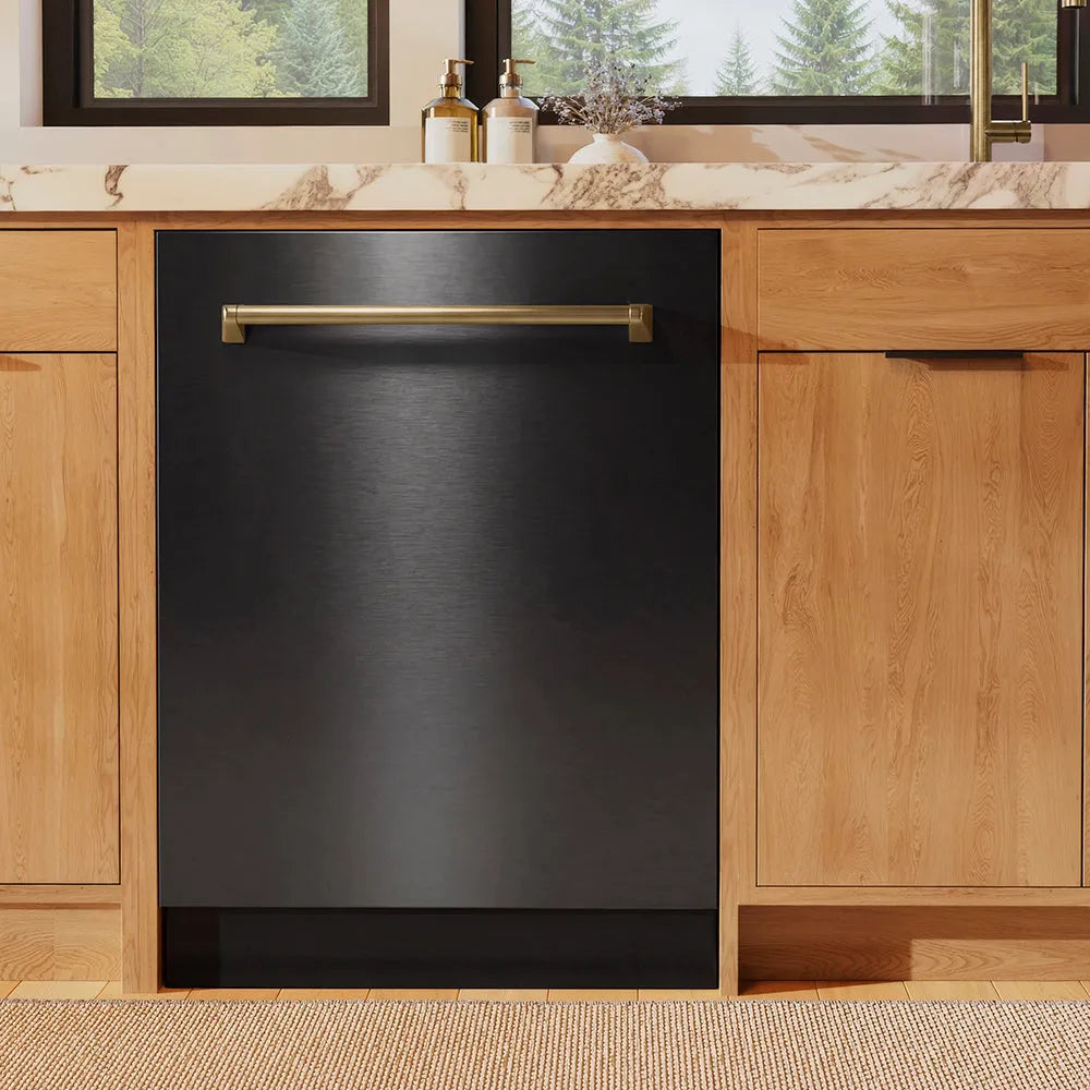 ZLINE Autograph Edition Monument 24-inch dishwasher in black stainless steel and champagne bronze accents DWMTZ-BS-24-CB, front view
