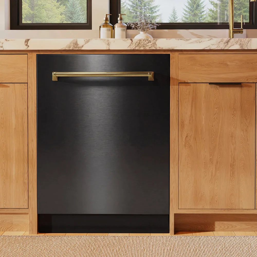 ZLINE Autograph Edition Monument 24-inch dishwasher in black stainless steel and polished gold accents DWMTZ-BS-24-G, front view
