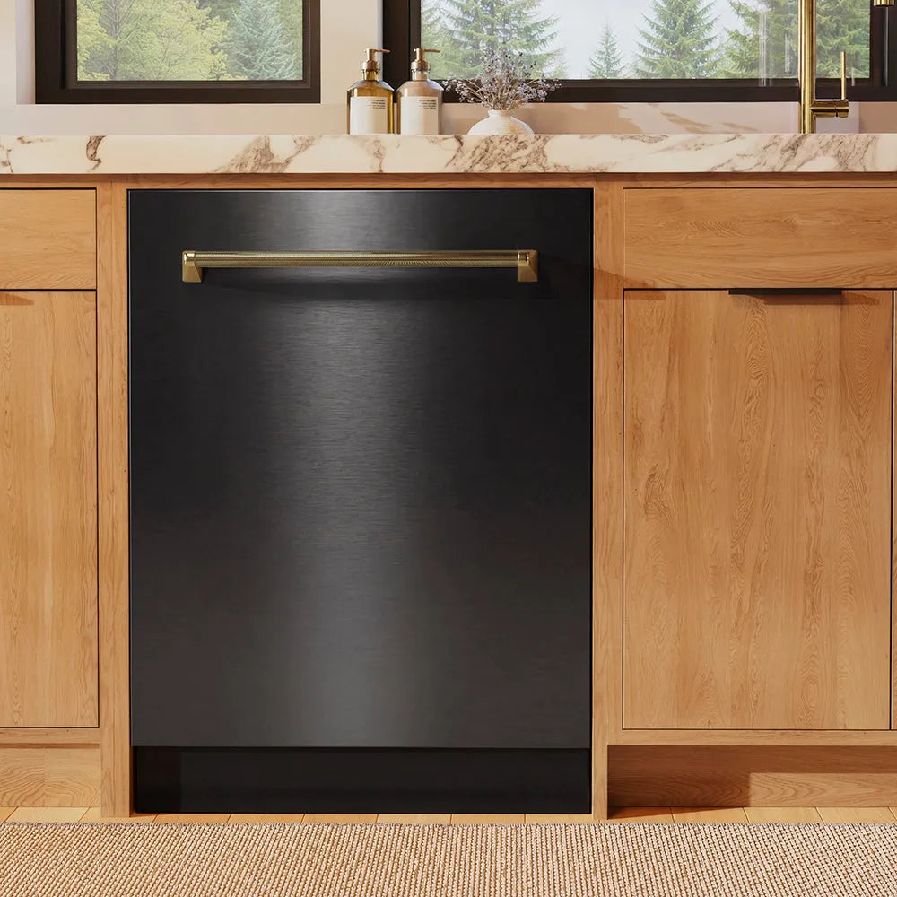 ZLINE Autograph Edition Monument 24-inch dishwasher in black stainless steel and polished gold accents DWMTZ-BS-24-KG, front view