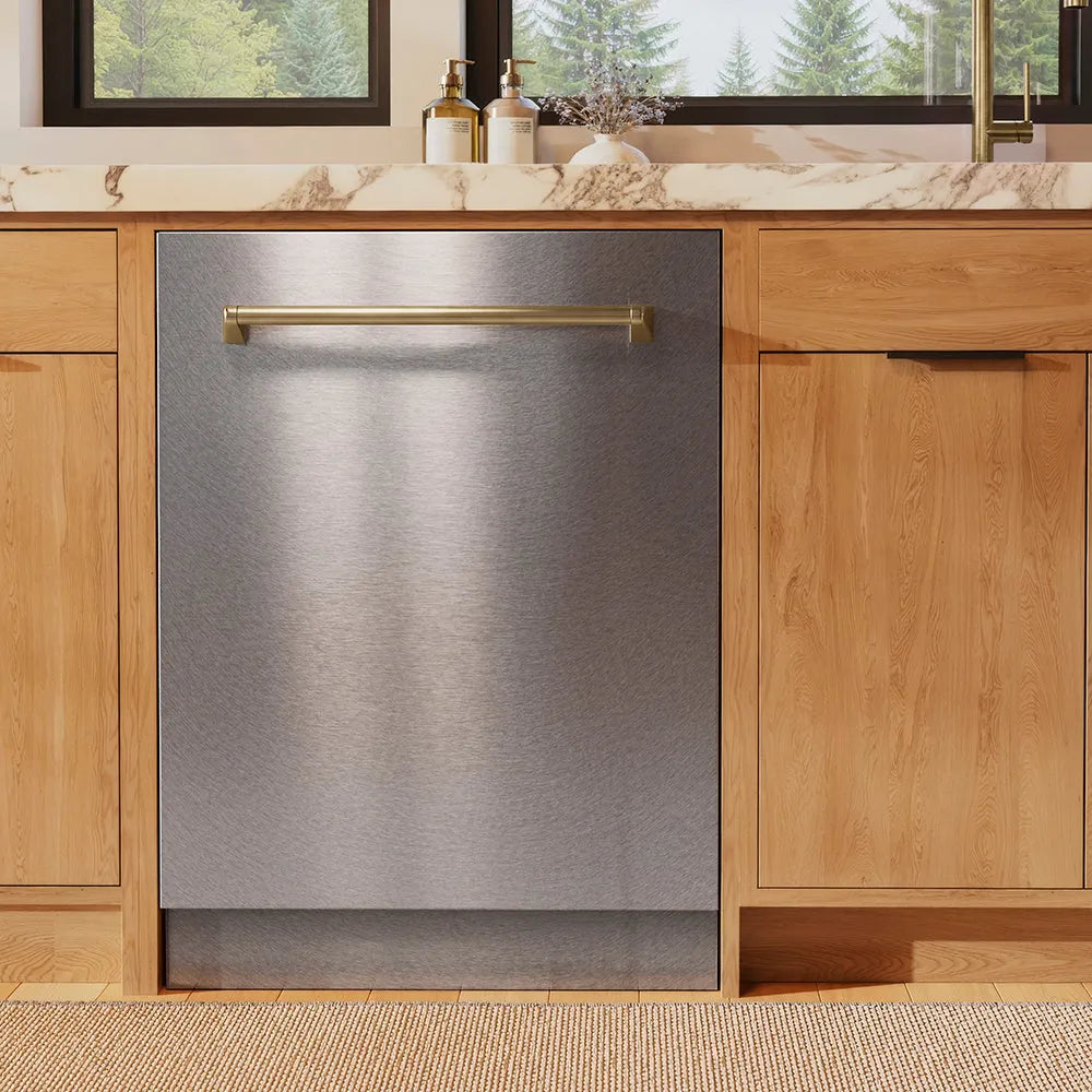 ZLINE Autograph Edition Monument 24-inch dishwasher in satin stainless steel and champagne bronze accents DWMTZ-SN-24-CB, front view