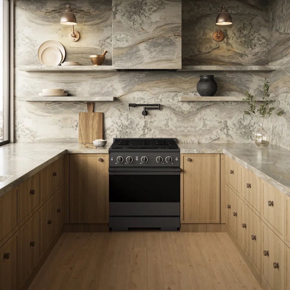ZLINE Marino 30-inch range in black stainless steel MDRB-30, front view