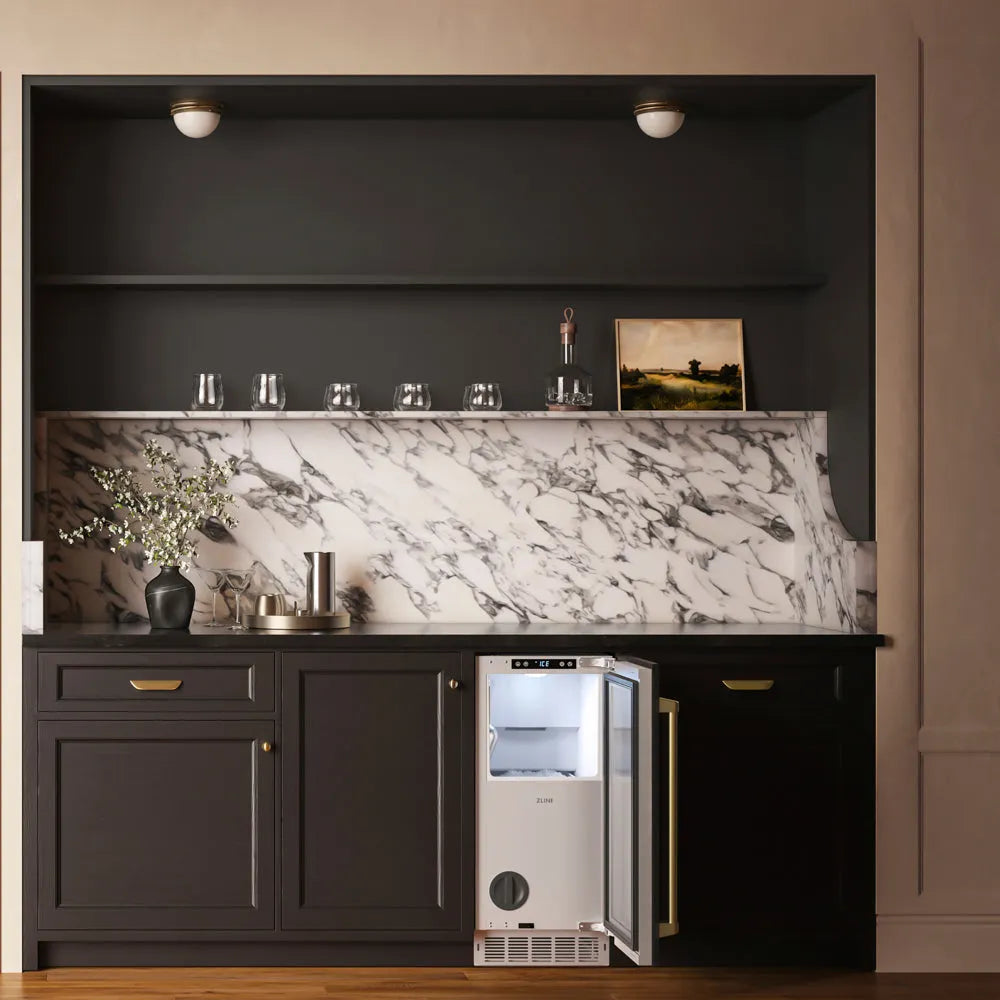 ZLINE Autograph Edition Touchstone 15-inch ice maker, panel ready and champagne bronze accents INGDPZ-15-CB, front view