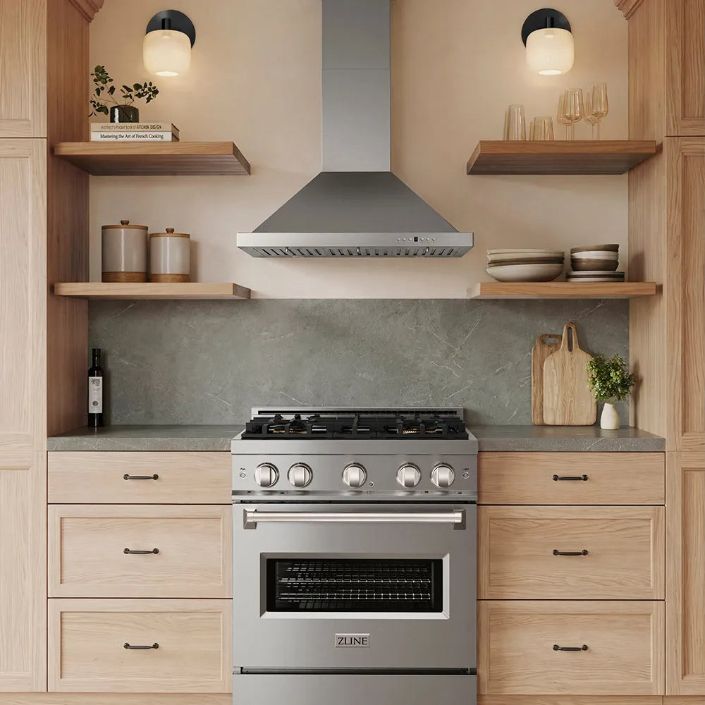 ZLINE KB-30 wall mount range hood installed above a range