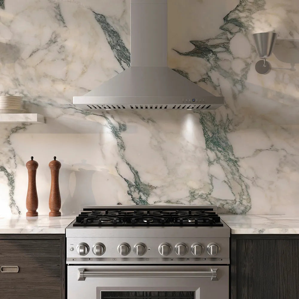 ZLINE KB-36 wall mount range hood installed above a ZLINE RA36 range