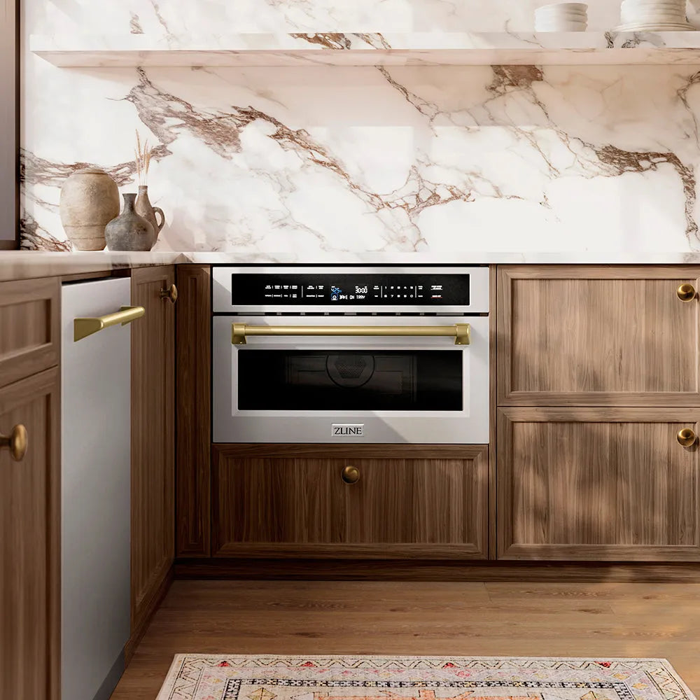 ZLINE Autograph Edition 30-inch microwave in stainless steel and champagne bronze accents MWOZ-30-CB, from above