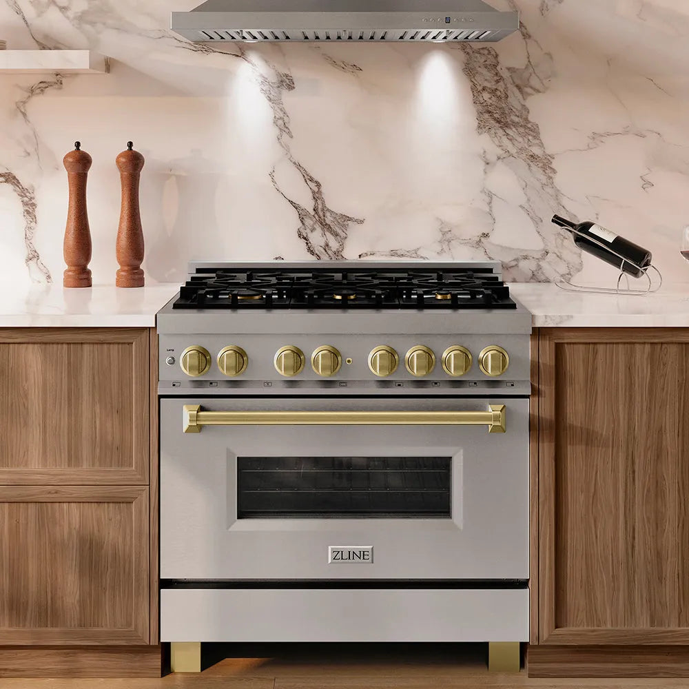 ZLINE Autograph Edition Legacy 36-inch range in stainless steel and champagne bronze accents RAZ-36-CB, front view