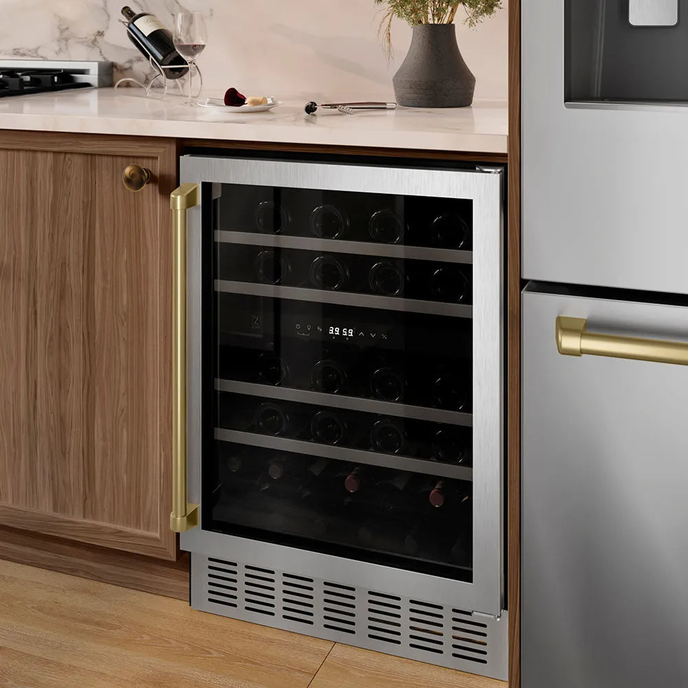 ZLINE Autograph Edition Monument 24-inch wine cooler in stainless steel and champagne bronze accents RWVZ-UD-24-CB, from above