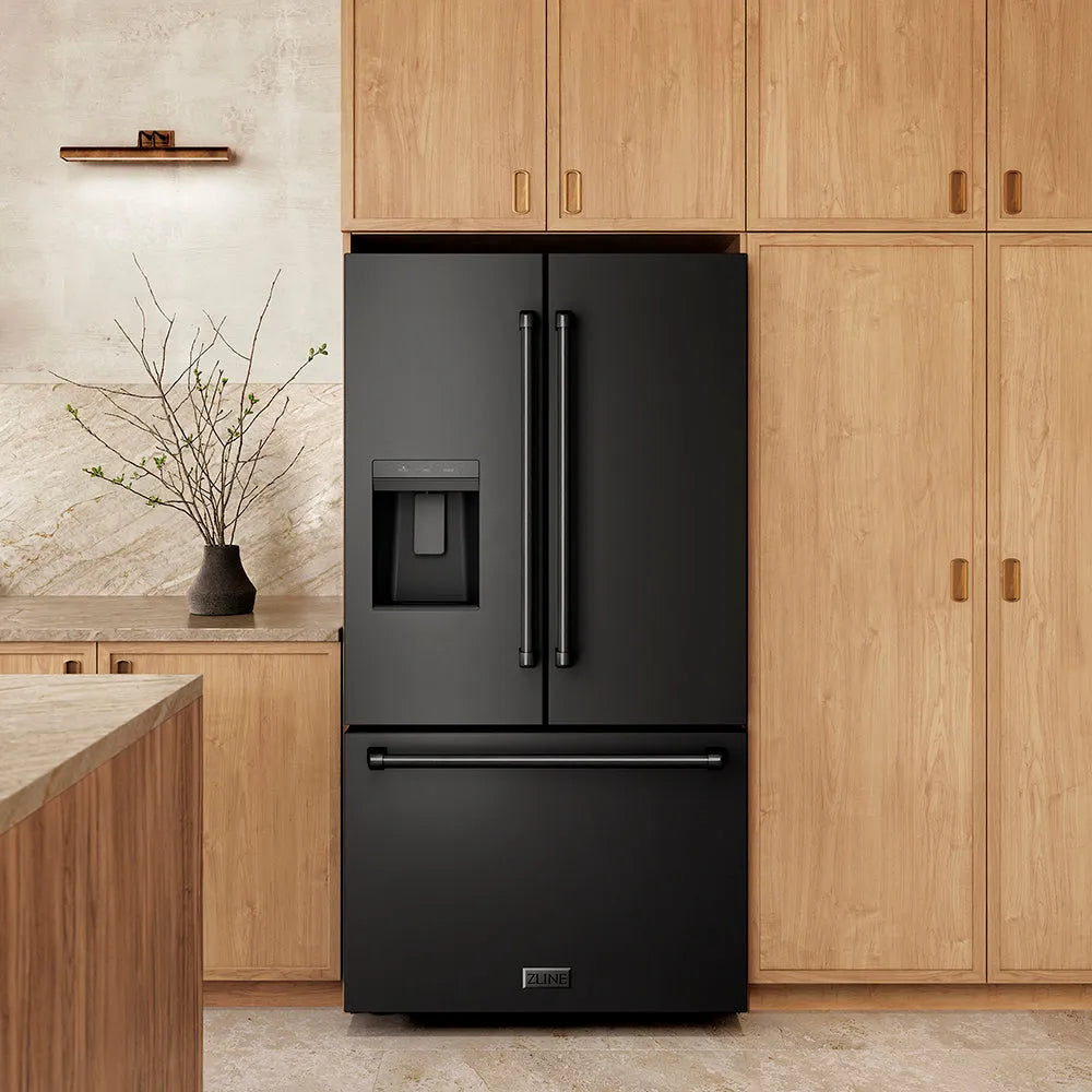 ZLINE 36-inch refrigerator in fingerprint-resistant black stainless steel with bright white interior RSM-W-36-BS, front view