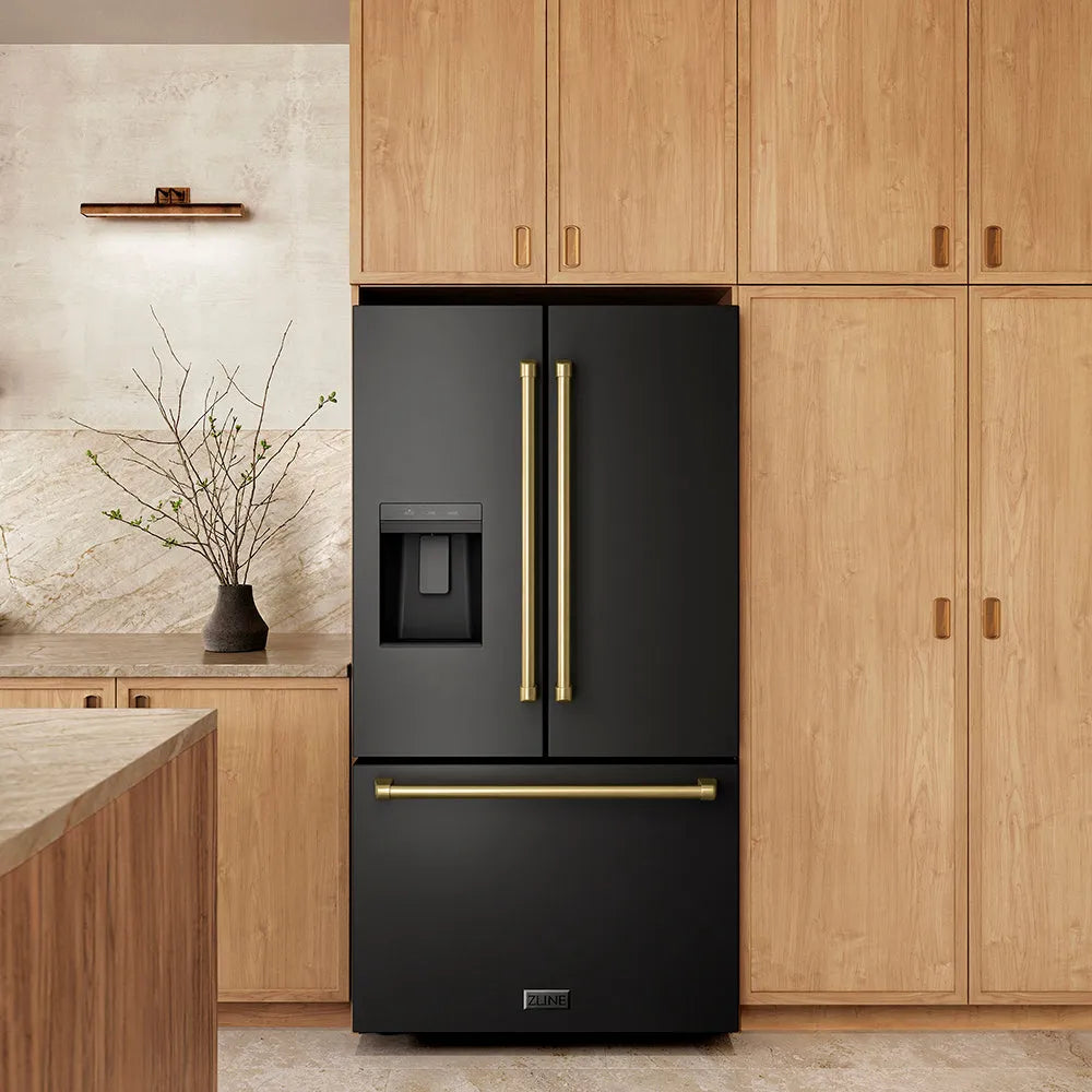 ZLINE Autograph Edition 36-inch refrigerator in fingerprint-resistant black stainless steel with bright white interior and champagne bronze accents RSMZ-W-36-BS-CB, front view