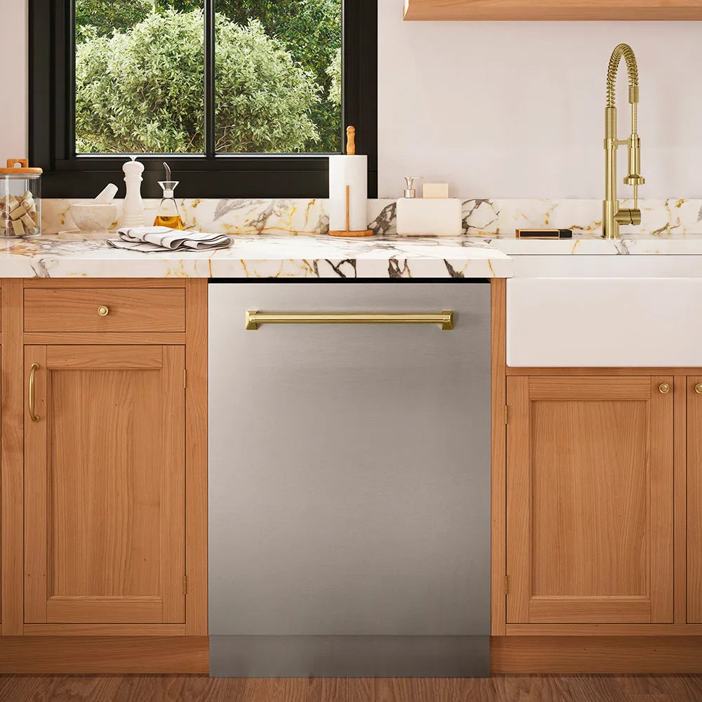 ZLINE Autograph Edition Monument 24-inch dishwasher in stainless steel and champagne bronze accents DWMTZ-304-24-CB, front view