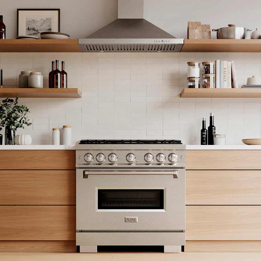 ZLINE Classic 36-inch range in satin stainless steel PCDRS-36, front view
