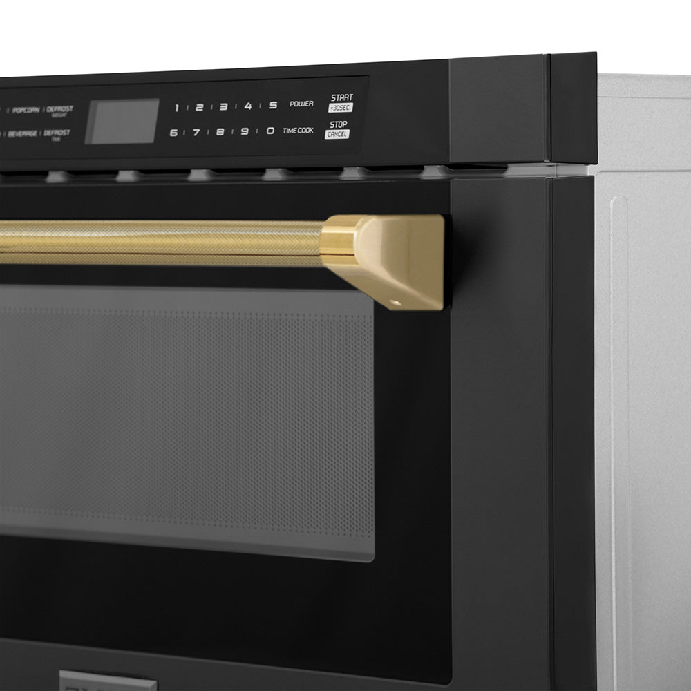 ZLINE Autograph Edition 24-inch microwave in black stainless steel and polished gold accents MWDZ-1-BS-H-KG, detail