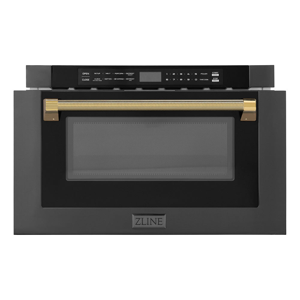 ZLINE Autograph Edition 24-inch microwave in black stainless steel and polished gold accents MWDZ-1-BS-H-KG, front view