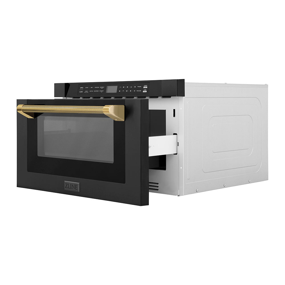 ZLINE Autograph Edition 24-inch microwave in black stainless steel and polished gold accents MWDZ-1-BS-H-KG, door open