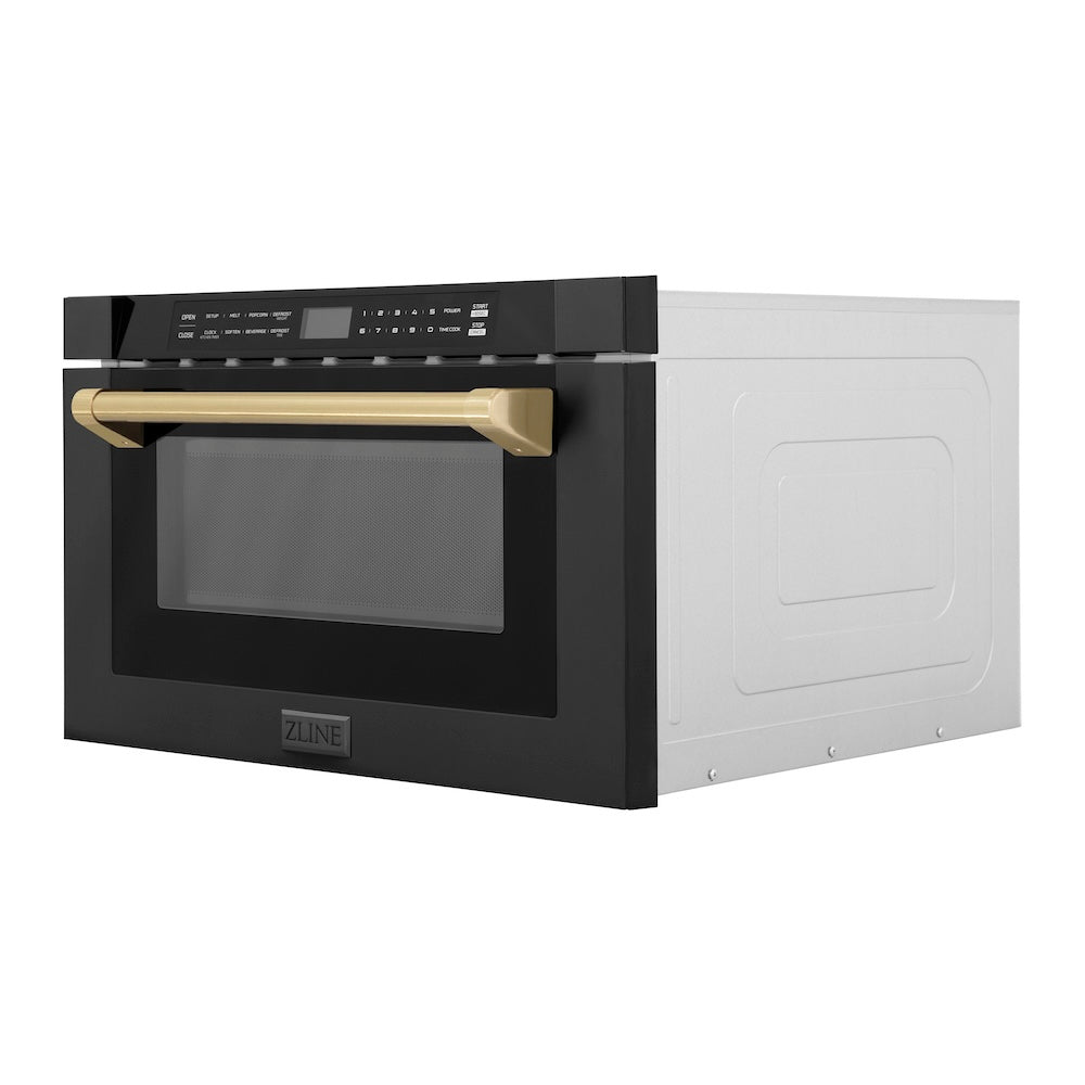 ZLINE Autograph Edition 24-inch microwave in black stainless steel and champagne bronze accents MWDZ-1-BS-H-CB, side view