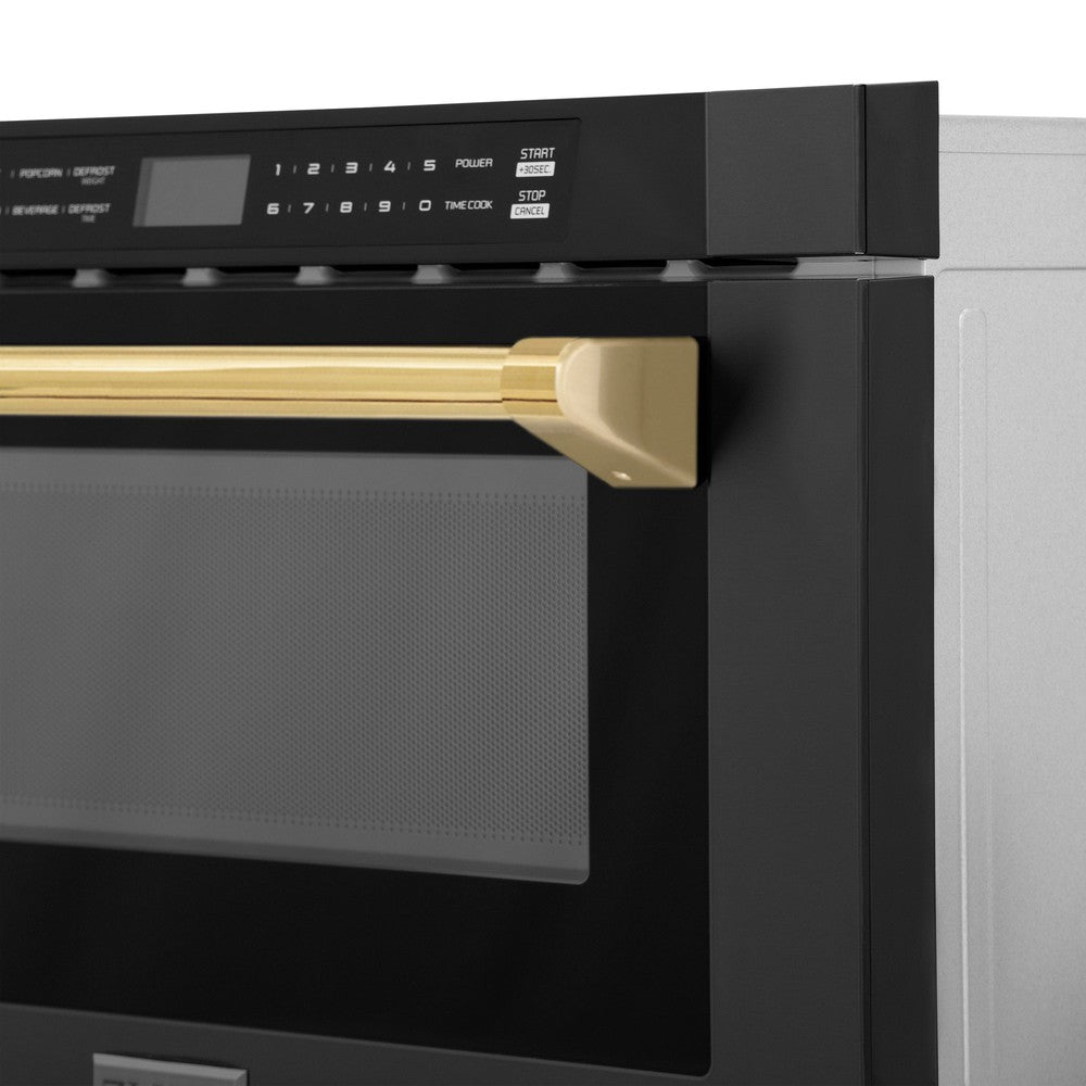ZLINE Autograph Edition 24-inch microwave in black stainless steel and polished gold accents MWDZ-1-BS-H-G, detail