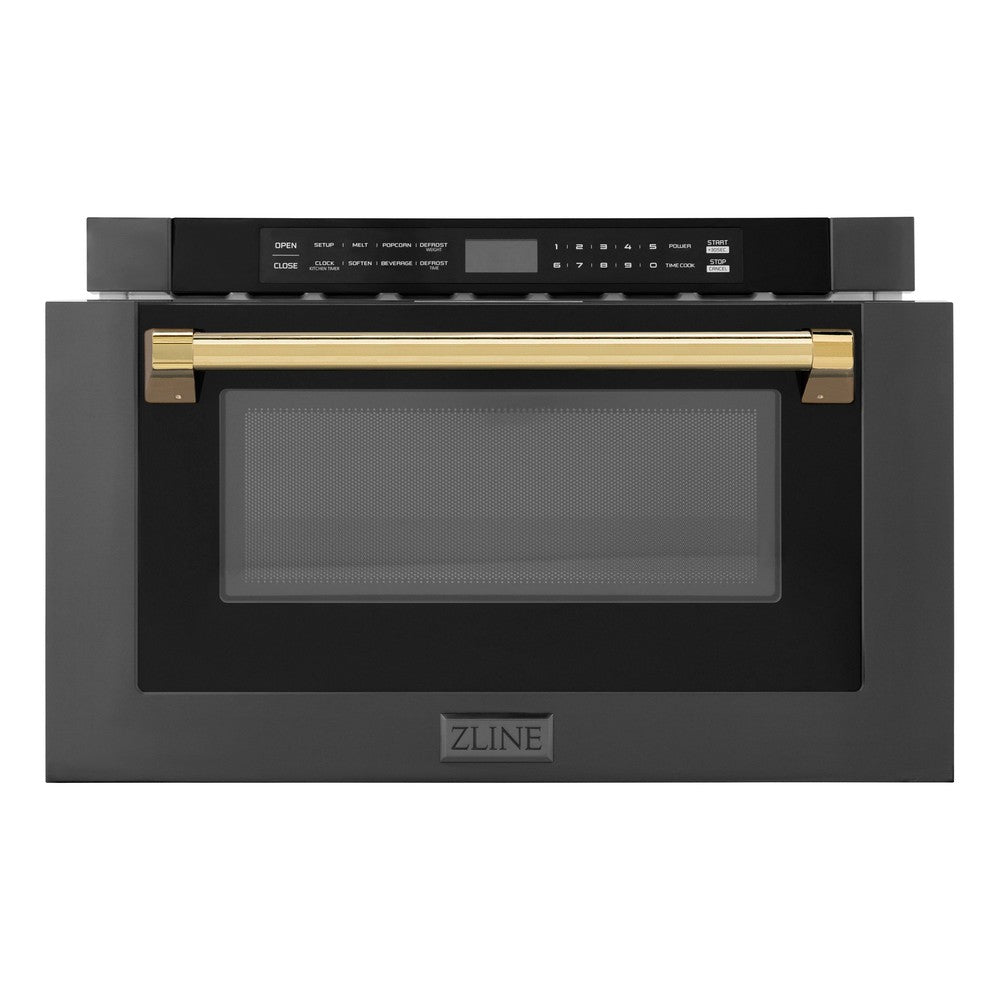 ZLINE Autograph Edition 24-inch microwave in black stainless steel and polished gold accents MWDZ-1-BS-H-G, front view
