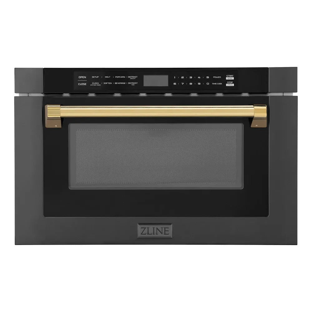 ZLINE Autograph Edition 24-inch microwave in black stainless steel and polished gold accents MWDZ-1-BS-H-G