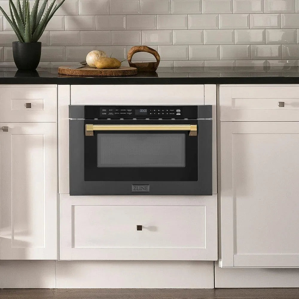ZLINE Autograph Edition 24-inch microwave in black stainless steel and polished gold accents MWDZ-1-BS-H-G, view 2