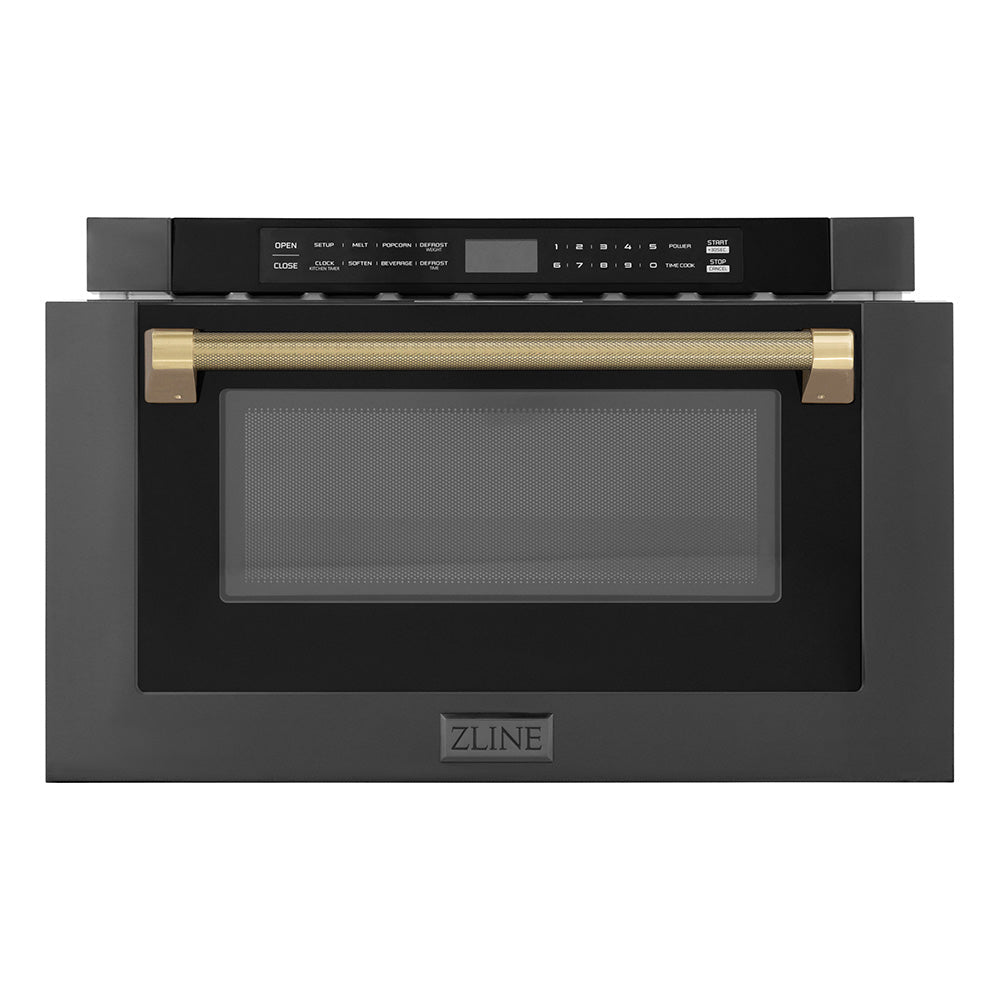 ZLINE Autograph Edition 24-inch microwave in black stainless steel and champagne bronze accents MWDZ-1-BS-H-KCB, front view