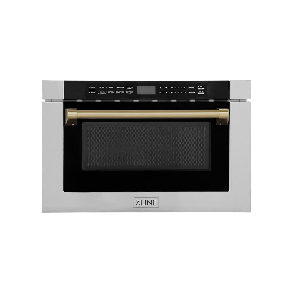 ZLINE Autograph Edition 24-inch microwave in stainless steel and champagne bronze accents MWDZ-1-H-CB, front view