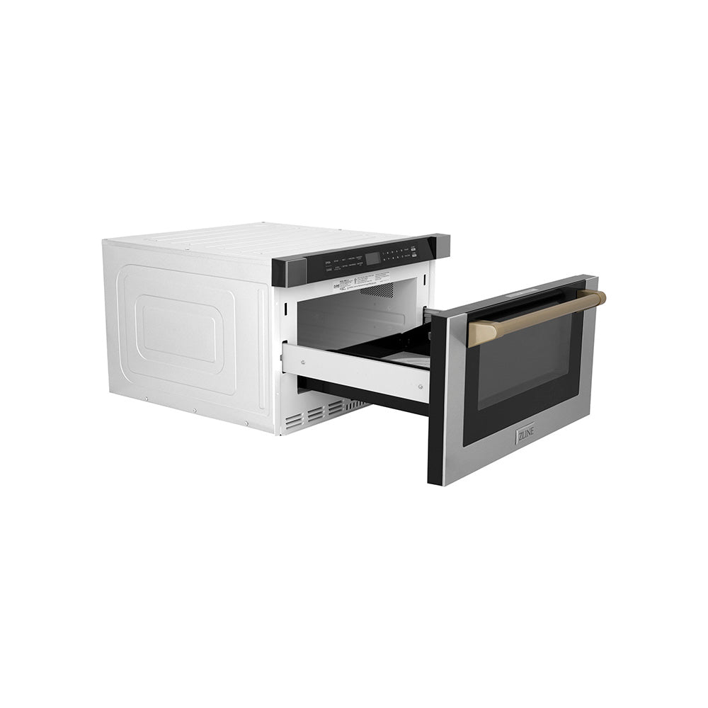 ZLINE Autograph Edition 24-inch microwave in stainless steel and champagne bronze accents MWDZ-1-H-CB, door open