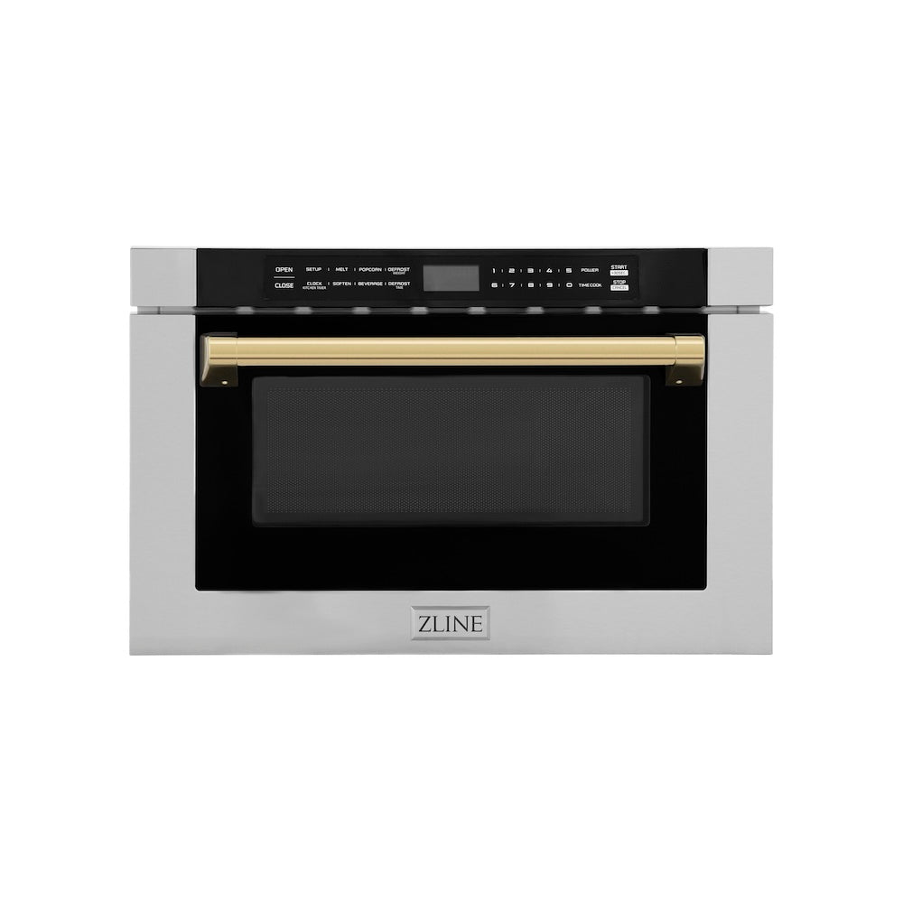 ZLINE Autograph Edition 24-inch microwave in stainless steel and polished gold accents MWDZ-1-H-G, front view