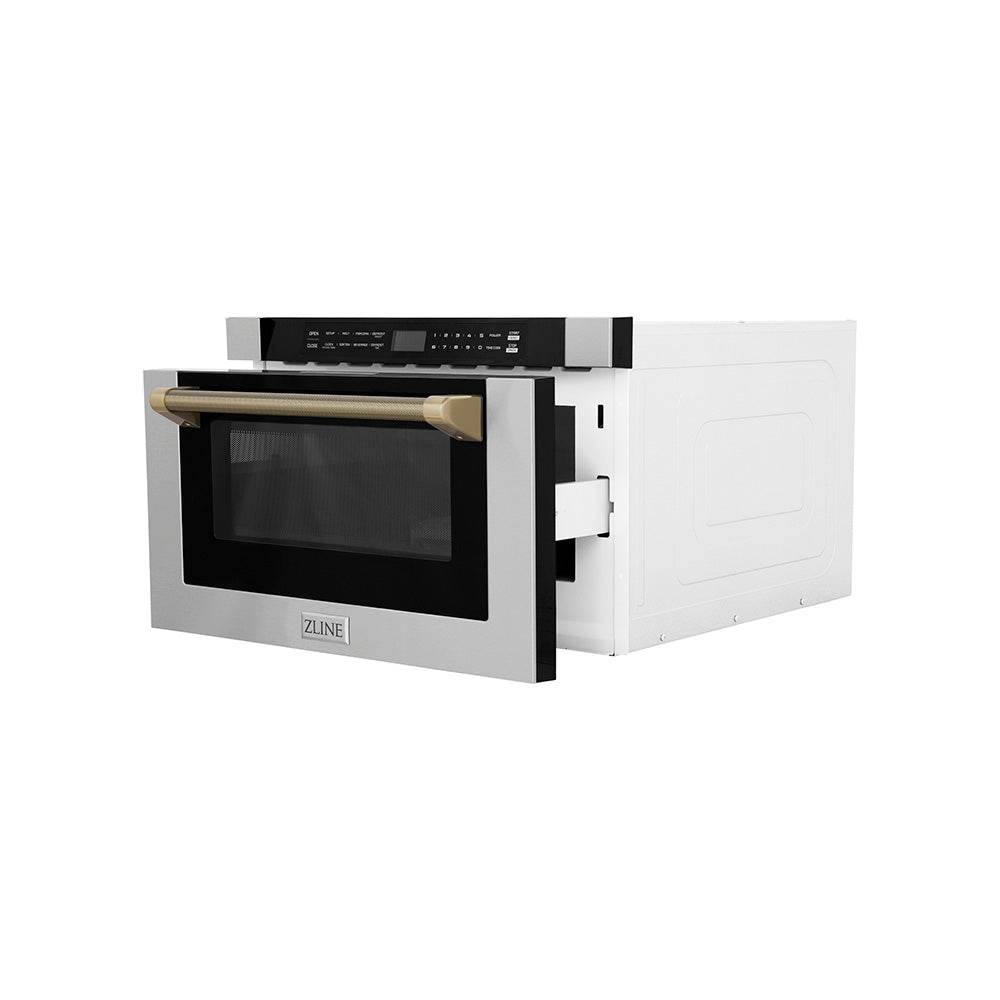 ZLINE Autograph Edition 24-inch microwave in stainless steel and champagne bronze accents MWDZ-1-H-KCB, door open
