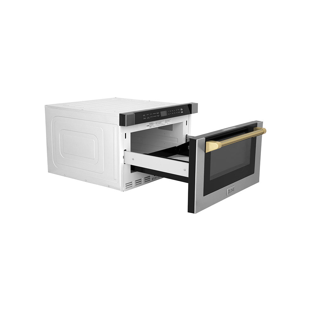 ZLINE Autograph Edition 24-inch microwave in stainless steel and polished gold accents MWDZ-1-H-KG, door open