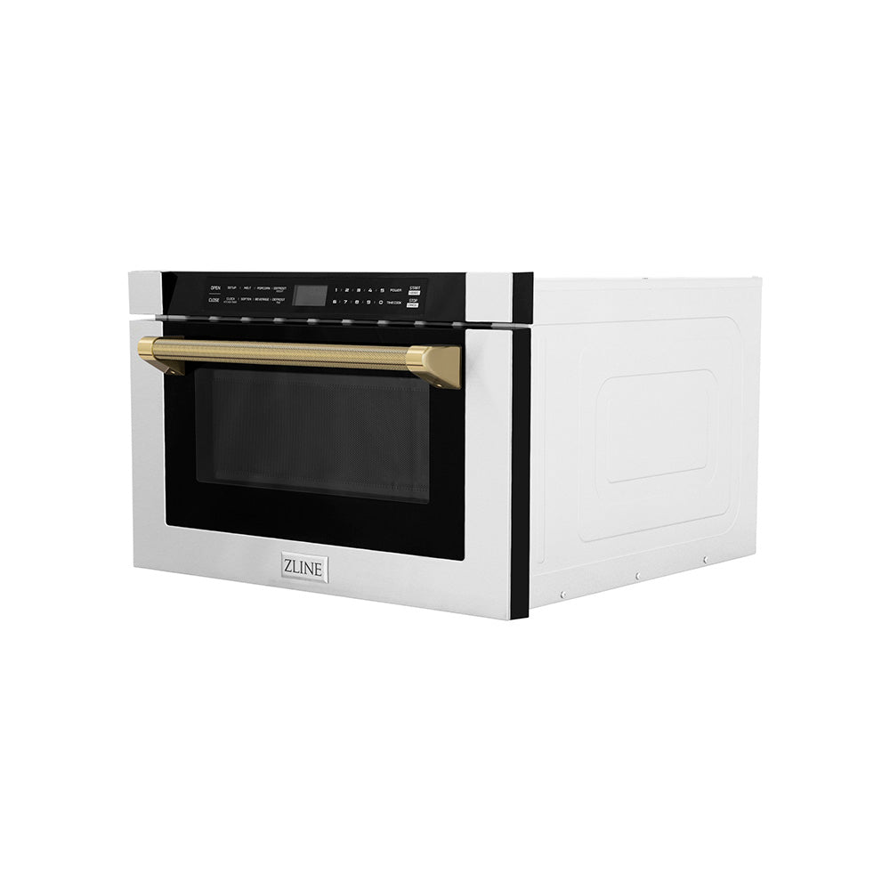 ZLINE Autograph Edition 24-inch microwave in stainless steel and polished gold accents MWDZ-1-H-KG, side view