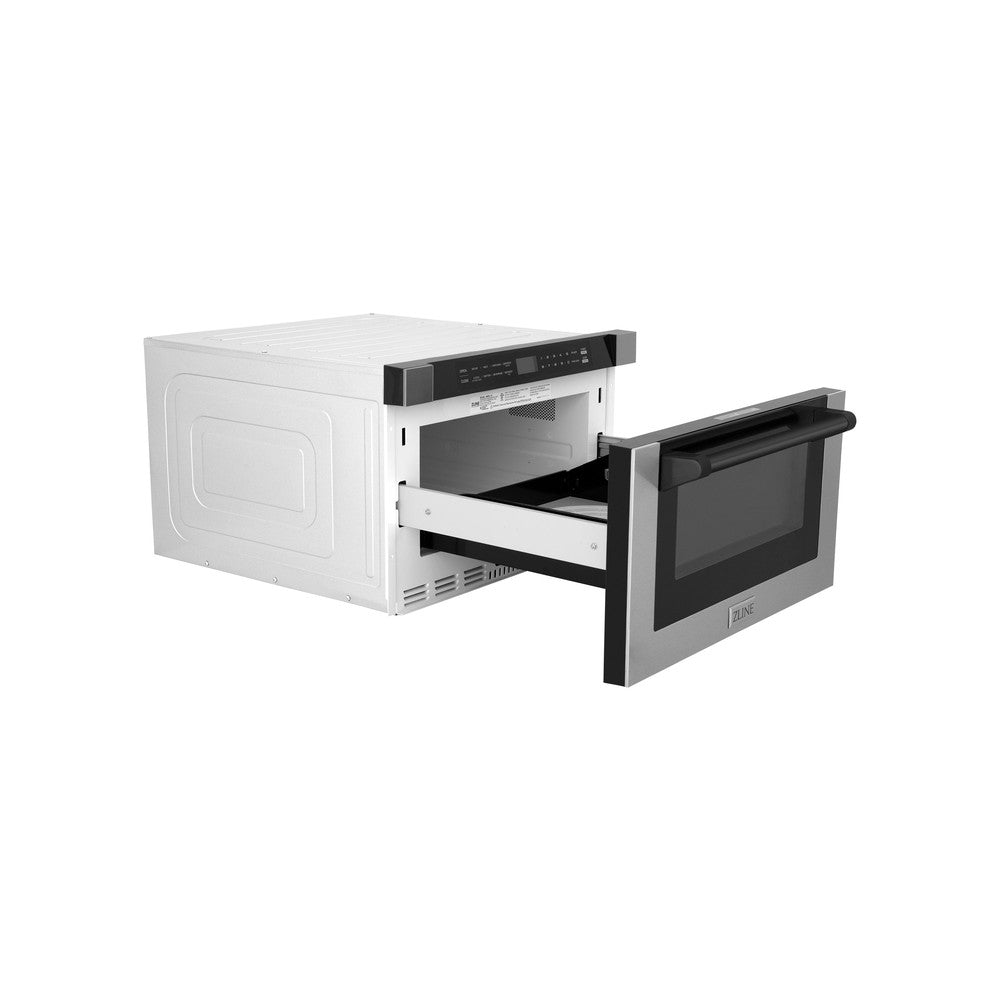 ZLINE Autograph Edition 24-inch microwave in stainless steel and matte black accents MWDZ-1-H-MB, door open
