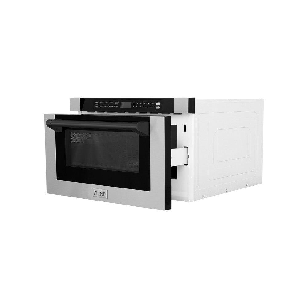ZLINE Autograph Edition 24-inch microwave in stainless steel and matte black accents MWDZ-1-H-MB, door open