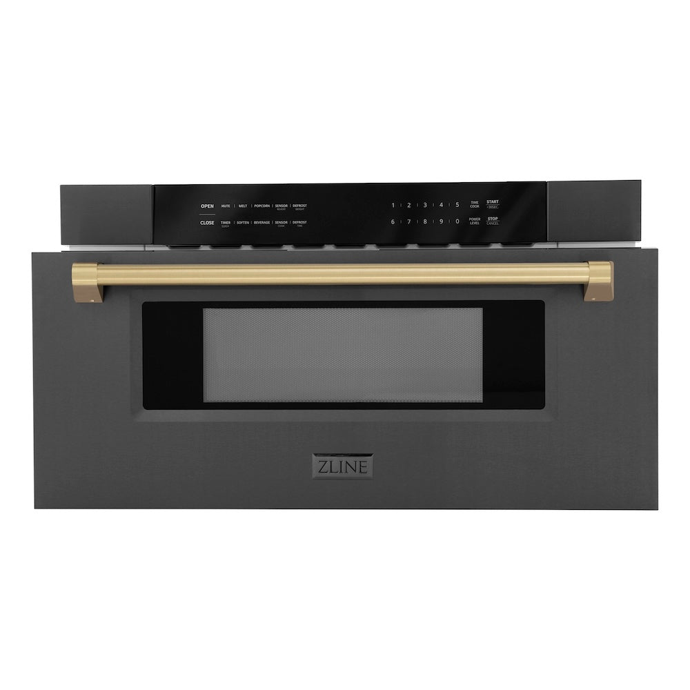 ZLINE Autograph Edition 30-inch microwave in black stainless steel and champagne bronze accents MWDZ-30-BS-CB, front view