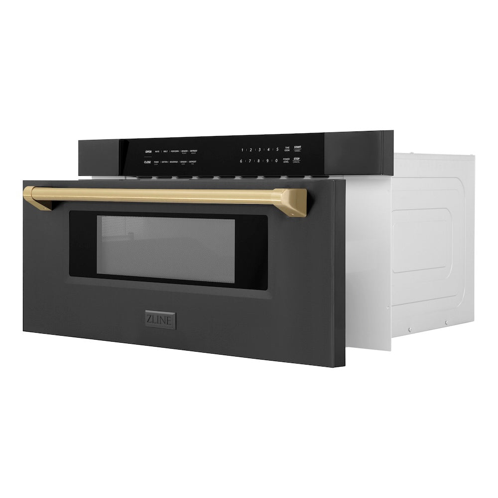 ZLINE Autograph Edition 30-inch microwave in black stainless steel and champagne bronze accents MWDZ-30-BS-CB, door open