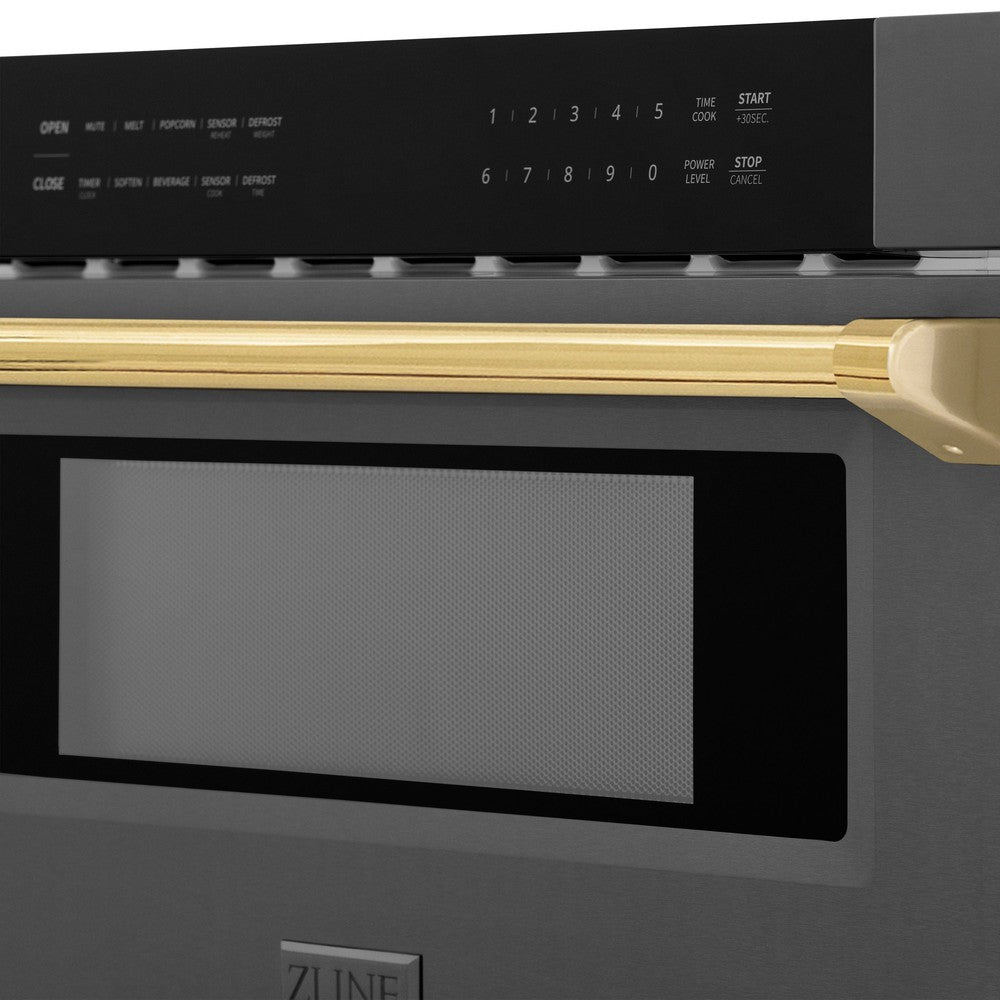 ZLINE Autograph Edition 30-inch microwave in black stainless steel and polished gold accents MWDZ-30-BS-G, detail